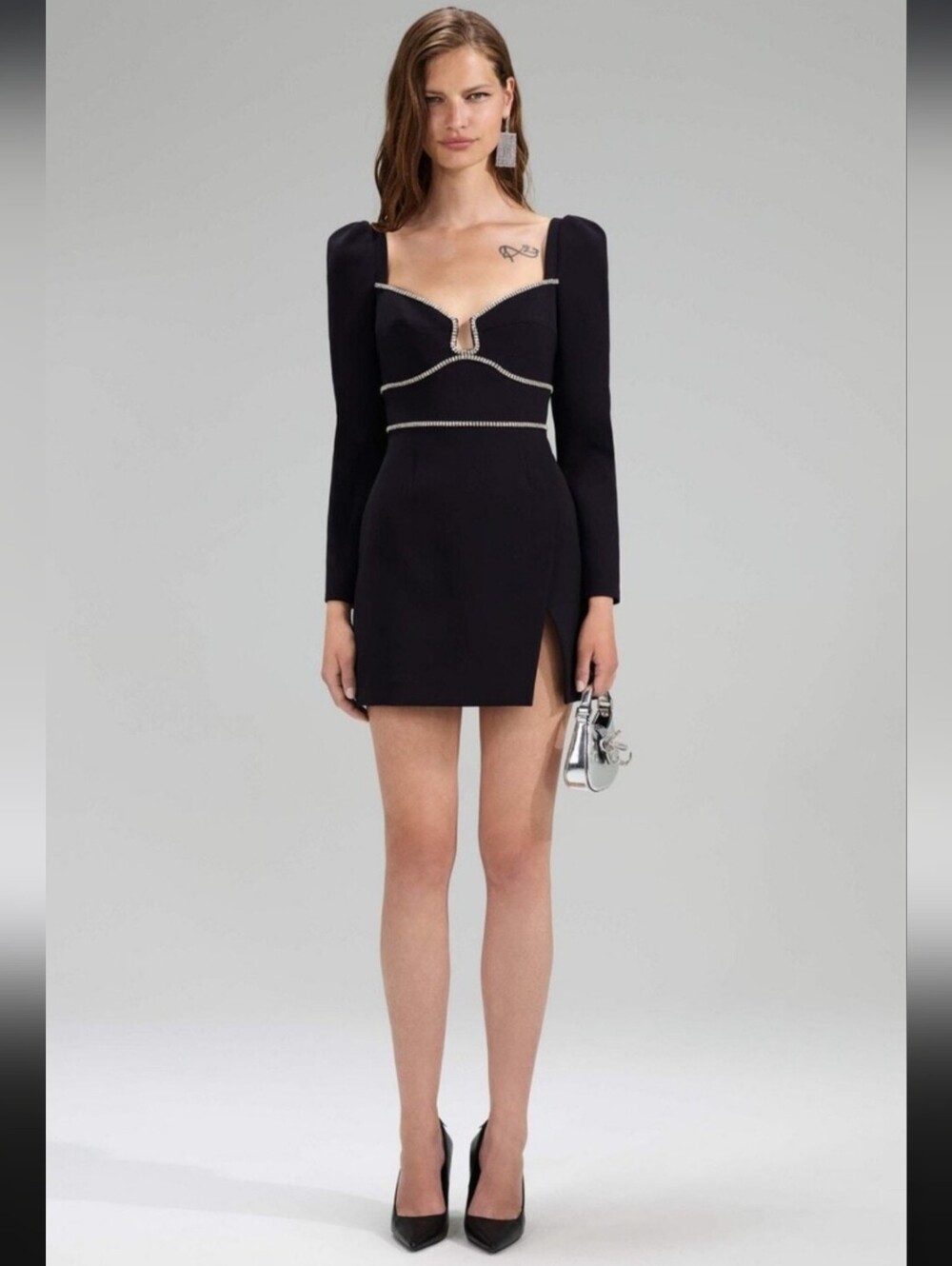 Self Portrait Long Sleeve Crystal Black Mini Party Cocktail Dress Size 10